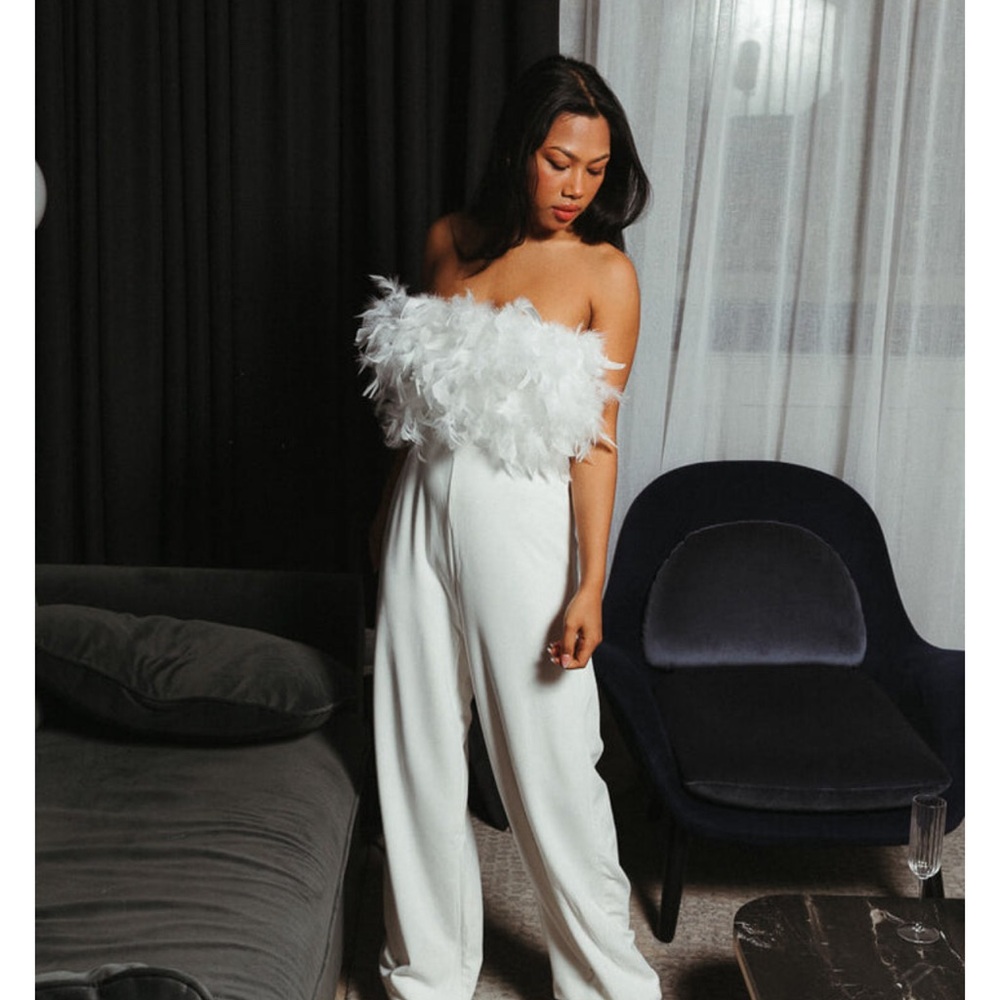 Confete Maxwell strapless feather top jumpsuit- worn once